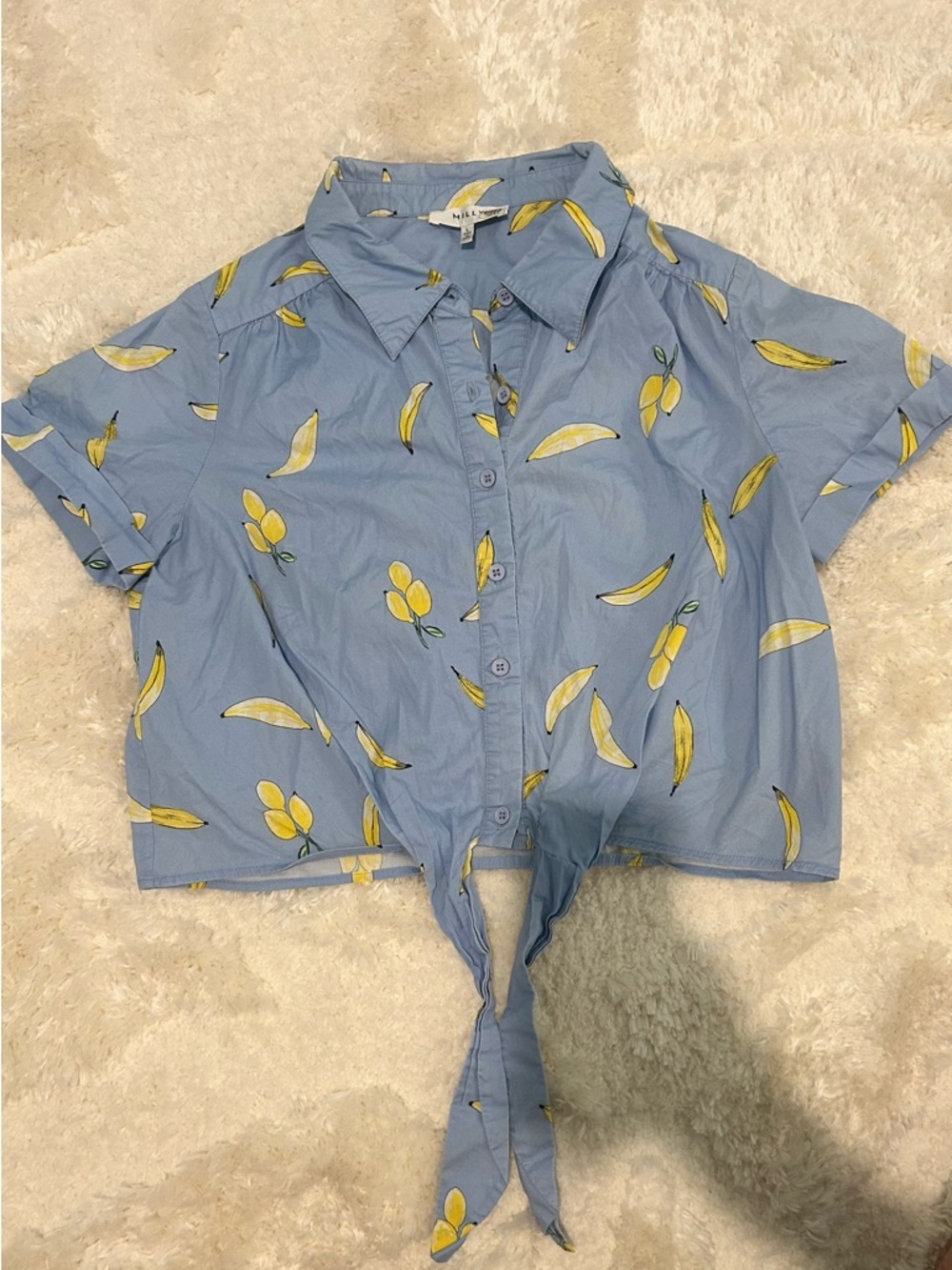 Milly Banana Print Bonnie Top - Blue Short-Sleeve Tie-Front Button-Down - Picture 4 of 12